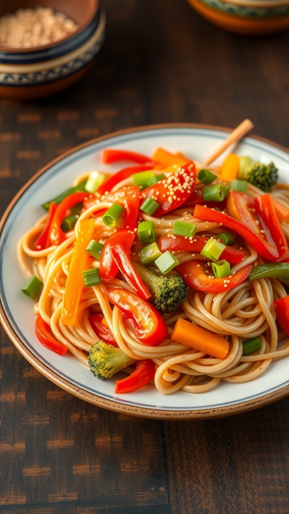 Classic Chinese Noodles Stir-Fry Recipe A colorful plate of stir-fried Chinese noodles with vegetables, garnished with green onions and sesame seeds.